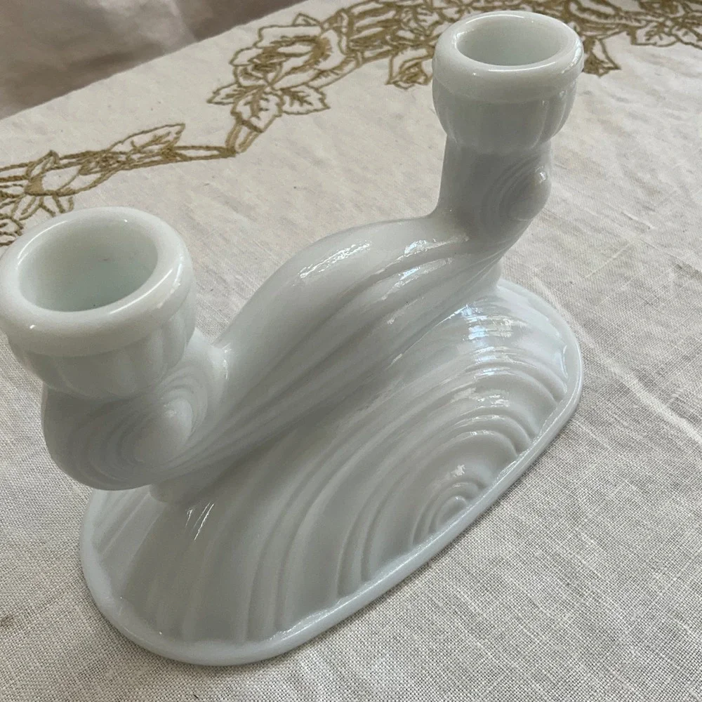 Vintage McKee Milk Glass Double Candlestick Art Deco Scrolled White Taper Holder